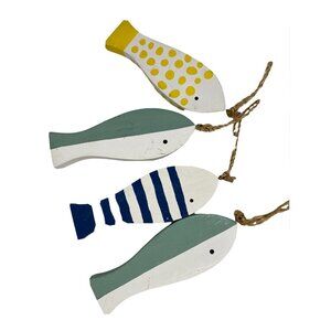 Hand Painted Wooden Fish On Strings Decor Nautical Yacht Bathroom Coastal Beach